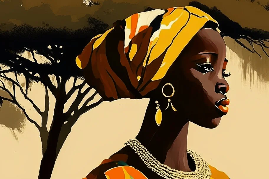 Design, African woman, oil painting, featureless, graphic, drawing without facial features, background, sky, trees, traditional clothes, look to left