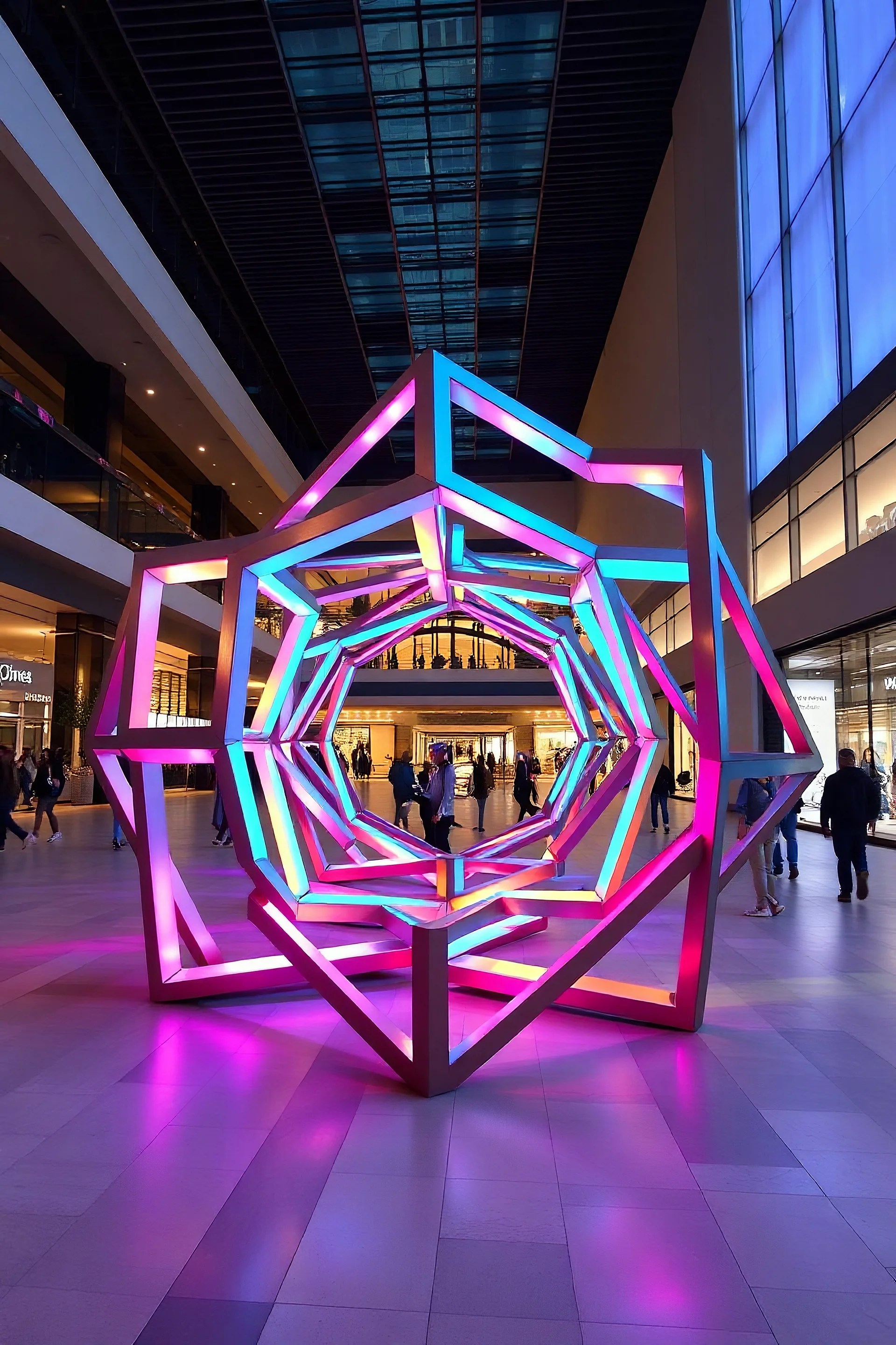 reate an art installation featuring interconnected 3D cubes forming an infinity loop in a large open mall courtyard. The cubes are metallic with gradient lighting that shifts colors as viewers walk around, enhancing the depth and dimensionality."