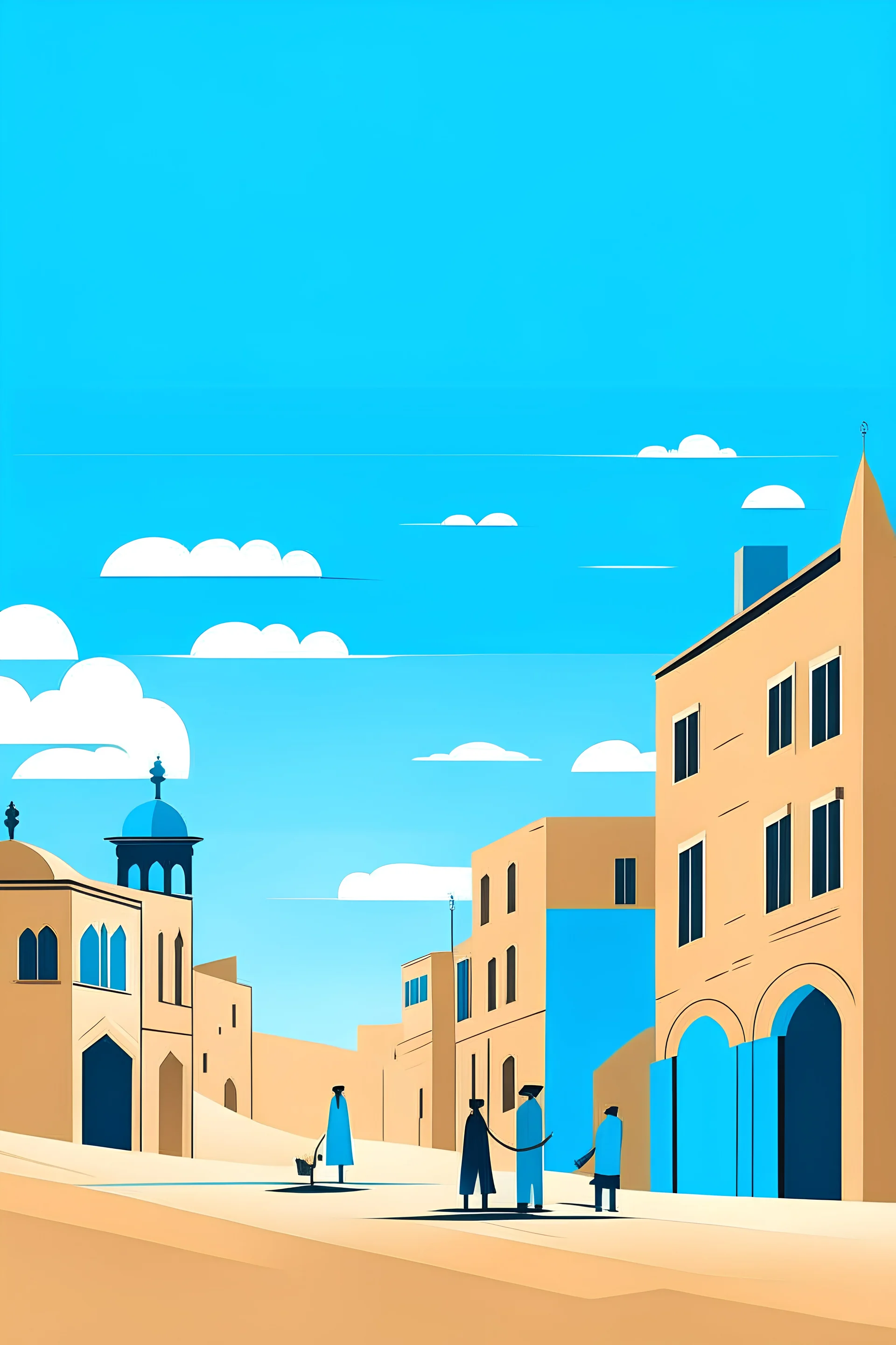 Create a clear and atmospheric very simple vector about a cityscape located in persia in ancient times desert environment Emphasize the dusty and sandy streets that have no sidewalks, featuring mostly dirt roads. Illustrate a simple brick building with a minimalist, box-like facade, and depict the building with very smiling people in the background. Capture the unique atmosphere of the city with blue sky