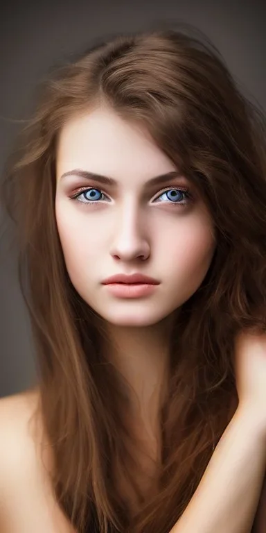 Ultra-HD, 8k, Studio portrait photo of a pretty woman age of 21, beautiful pretty face, Ukrainian race, color grey-eyes, brown hair, very detailed face, studio lighting, fantasy, brown ratio, sharp focus color, corrected hyper detailed pino daeni