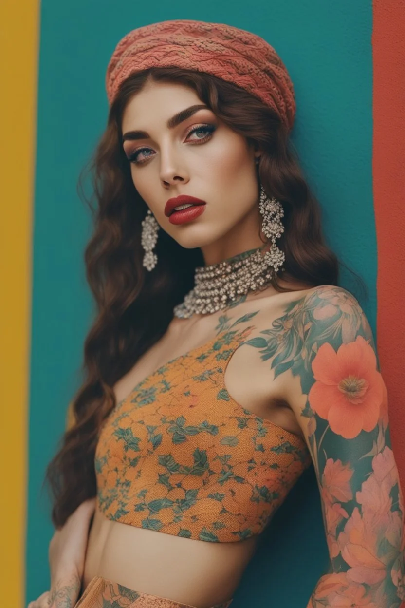 Beautiful Arab woman, petite, short, big eyes and lips, vibrant color, neck tattoo and full sleeves tattoo, thin, tattoos connected, Full coverage chest tatoo, tattoo style complex and colorful and large drawings by (petra collins|roe ethridge, elllen von unwerth, Jan Saudek)