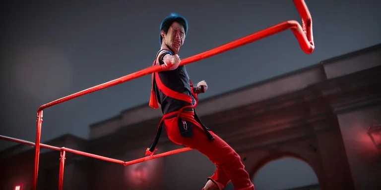 very strong Ninja warrior with a red and black suit, red lights