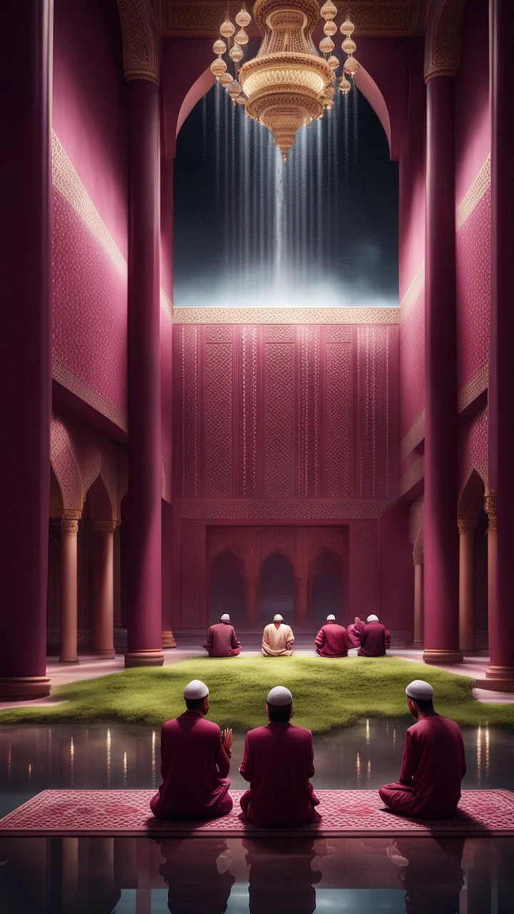 Hyper Realistic people praying inside a huge maroon wall mosque with waterfall, grass patches & small water ponds at night with small chandeliers