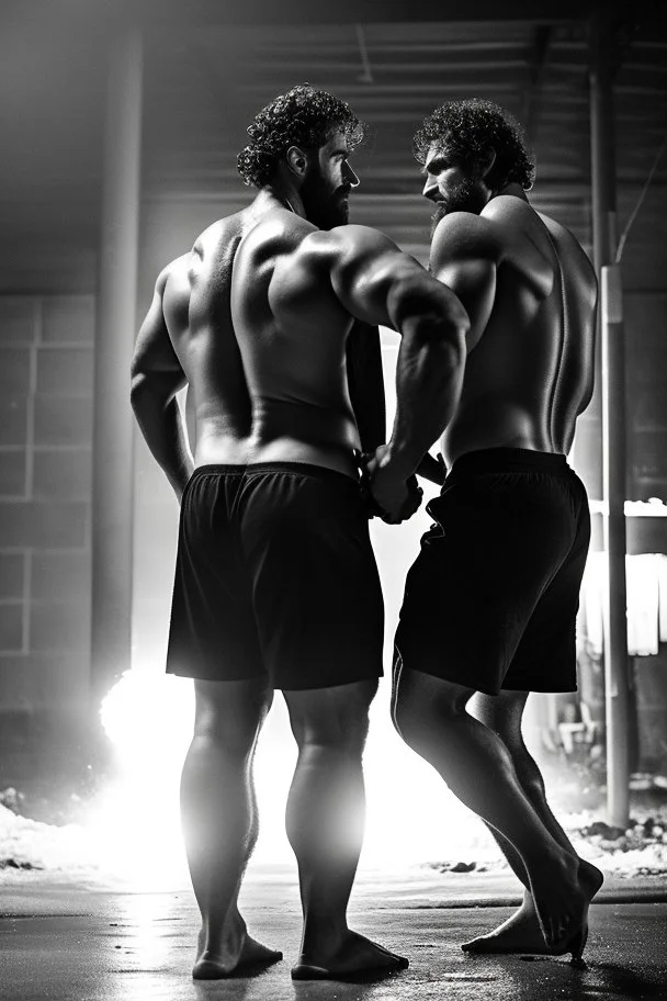 full figure shot photography of two men 31 year old dirty burly strong angry stocky sicilian mechanics kissing embraced, wet , sweat, bullneck, curly beard, curly hair, manly chest, white boxer, at midnight, under the rain, , inside a car demolition parking lot, misery and poverty, open legs, photorealistic, look at camera, neon side light, very detailed , view from the ground , ambient occlusion