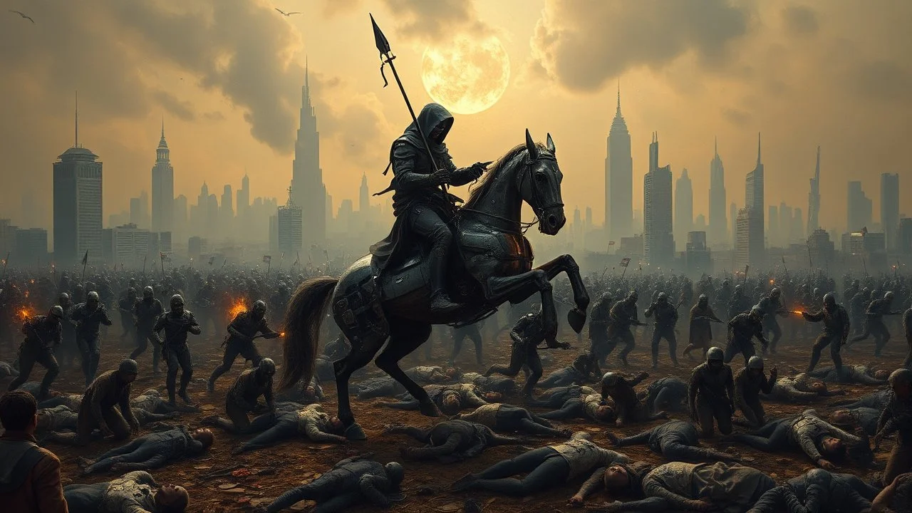 detalied cyberpunk interpretation of Bruegel's "The Triumph of Death", capturing the symbolic "harvest" of humanity. this is terror. A dystopian metropolis under smog sky, cybernetic soliders reapers are executing physical harvest many of humans citizens killed army of cyberwarrior androids and robotic soliders, many panicking run away people ,many bodies lying on the ground. a cyber-death warrior in black hood with futuristic gun on an mechanical robotic horse, thriller, detailed, cinematic