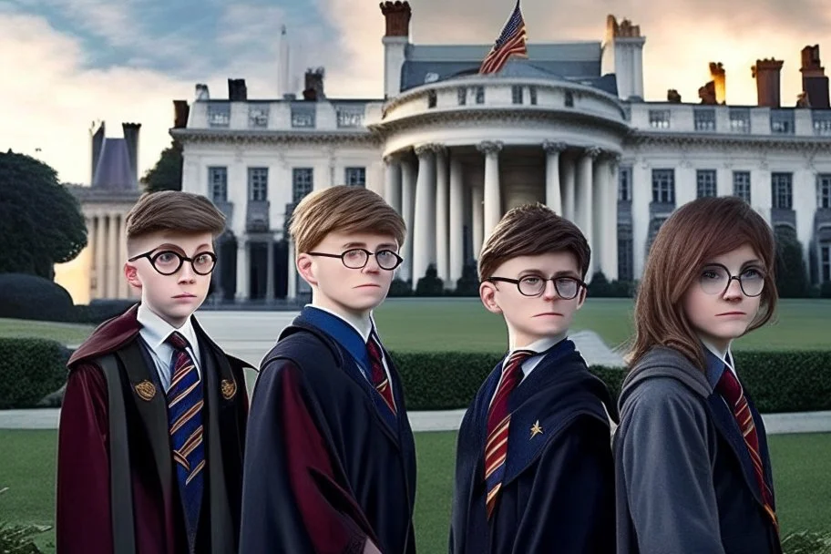 realistic young Harry Potter movie characters in front of white house