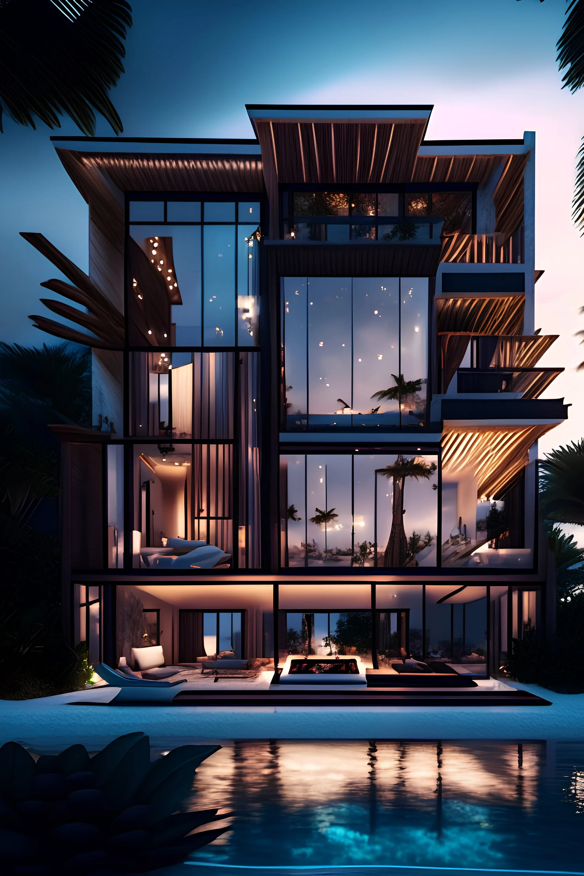 10k hyper realistic detailed luxury modern beachside mansion with glass paneling, hanging lights, Maldives, surf design, spa bath and outdoor fire-pit