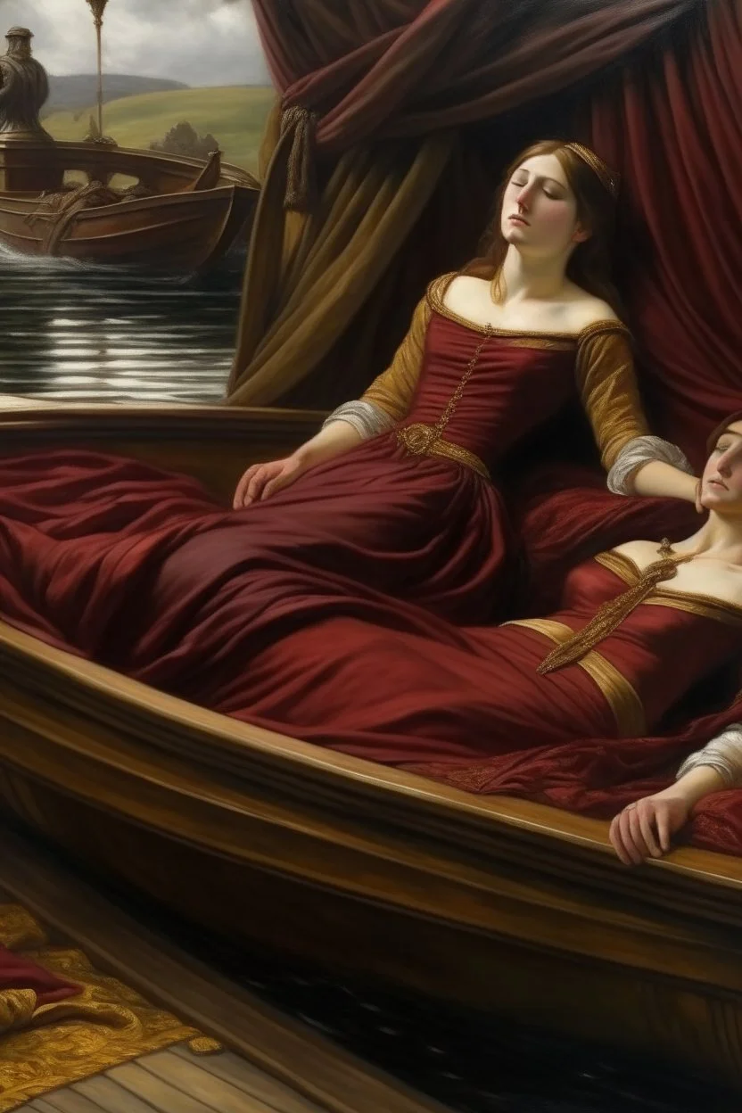 Oil painting A woman lies in a boat and next to her the king reclines and looks at her wearing a dark red dress exposed from above in the ancient era