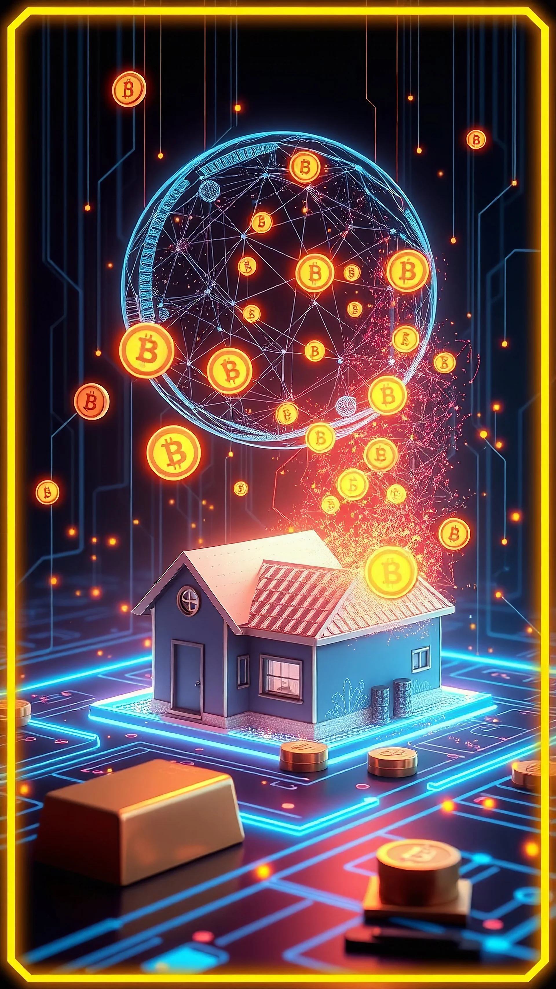 Create an abstract scene that represents the merging of real and digital worlds—show digital tokens and blockchain nodes transforming into tangible assets like property and gold bars. The background should be dark and high-tech, with neon details and a modern look that highlights the financial future.