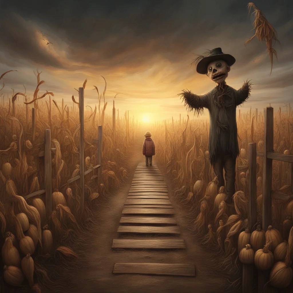 sunset over an entrance to a massive autumnal corn maze, creepy scarecrow busker slumped in bench beside entrance, old wooden sign reads "CHILDREN ARE FREE", by Anton Semenov, by Godmachine, by Dave McKean, hyperdetailed oil matte painting, surreal horror art, warm autumnal colors.