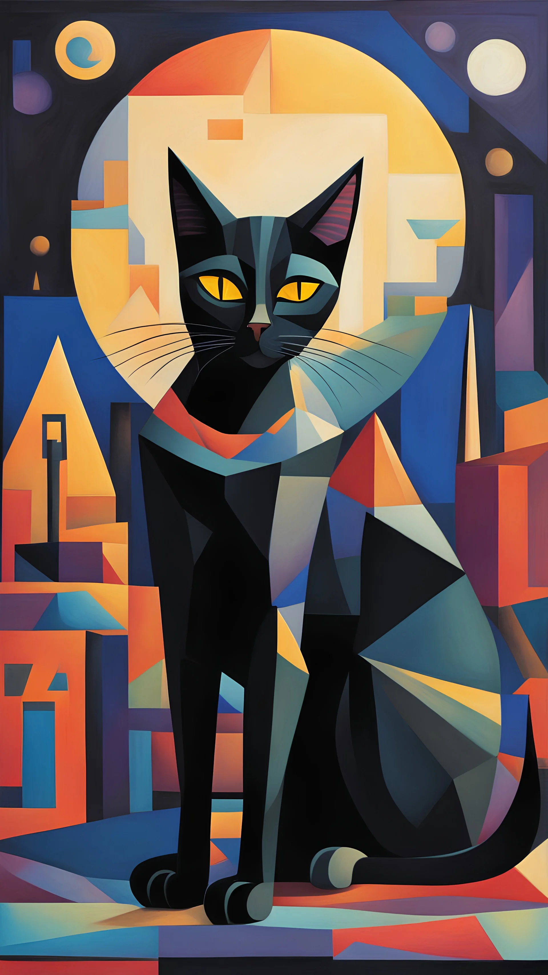 un gato negro egipcio a la luz de la luna, con fondo colorido enestilo cubista