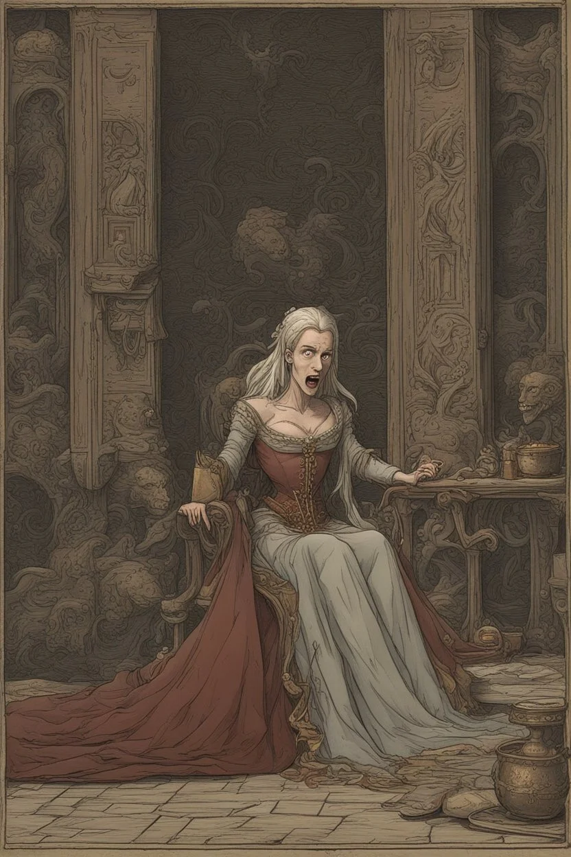 [Disenchantment, Queen Dagmar] spilt to slake her savage thirst. Only when a merchant lord dared question her judgement did Dagmar's lips peel back in a bone-chilling snarl. The oaf wilted as her words flayed flesh from mind, left shaking in a heap upon the floor. This display sated her black humor for now. With a flick of cerulean silk Dagmar rose, grace incarnate yet death given mortal form. Night's frigid wings spread across the cloudy sky as she swept from the hall in a flurry of snow. None