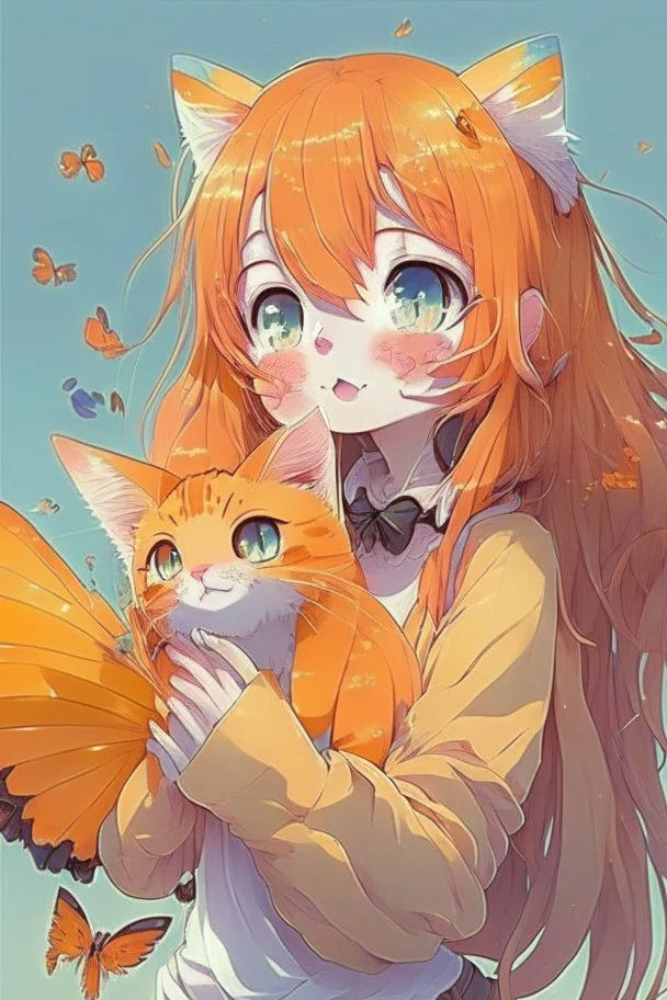 very cute anime cat with long orange hair catching a butterfly