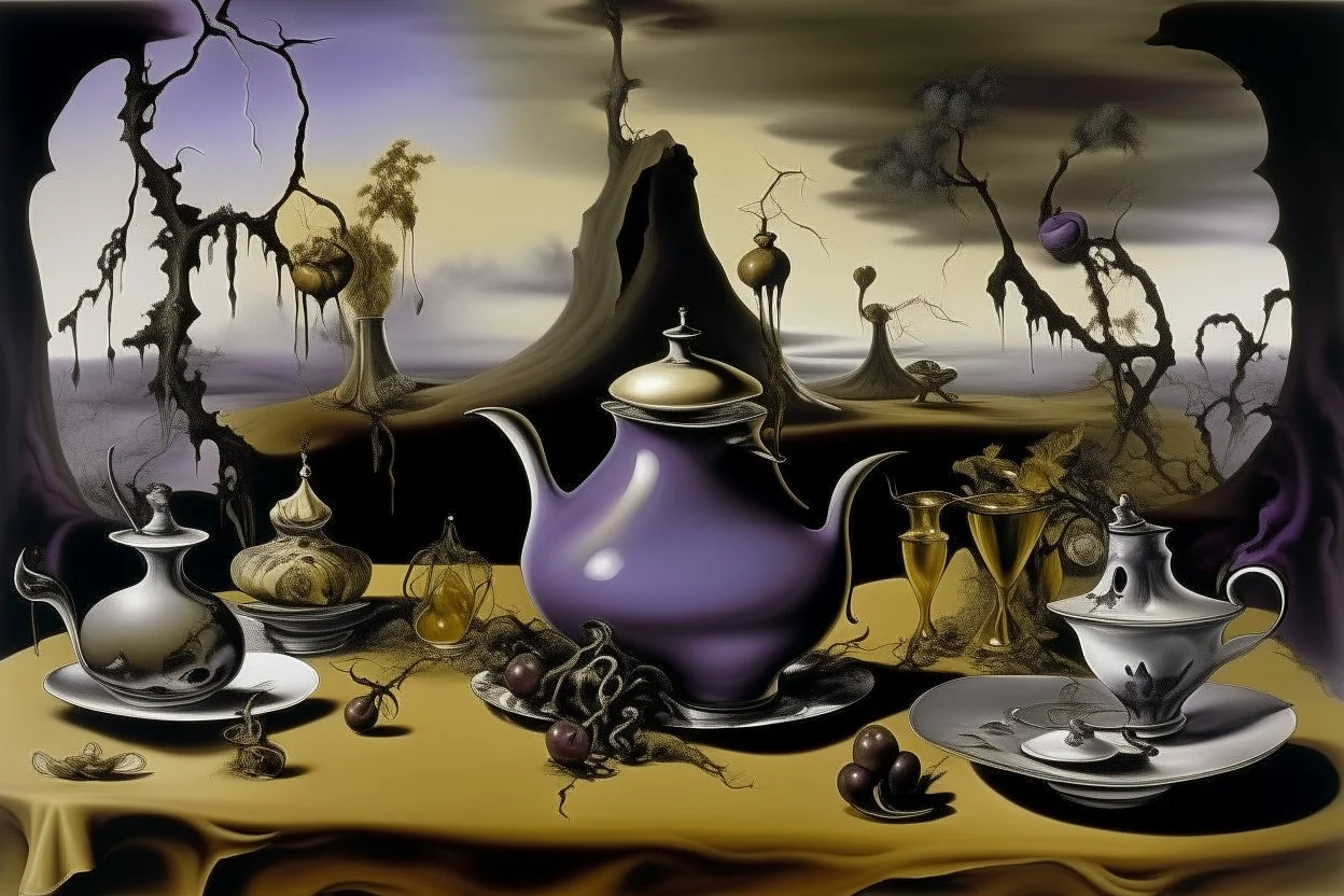 A grayish purple haunted tea party painted by Salvador Dali