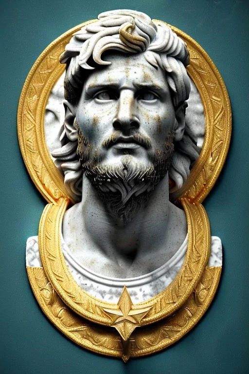 Ultra Realistic image, Roman sculpture, white marble material, Lionel Messi, gold Laurel leaves wreath, renaissance ornaments, radial gold lines, one gold star in heart, gold sun ornament back, blue background, chisel style, waist up portrait, emperor style, epic, celestial, cinematic lighting, God light, god rays, 4k resolution, smooth details, ornate details, soft lighting, unreal engine 5, art station, substance 3d.