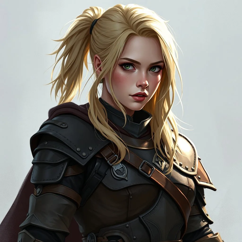 a blonde warrior woman, leather armour, medieval, digital art, stylised