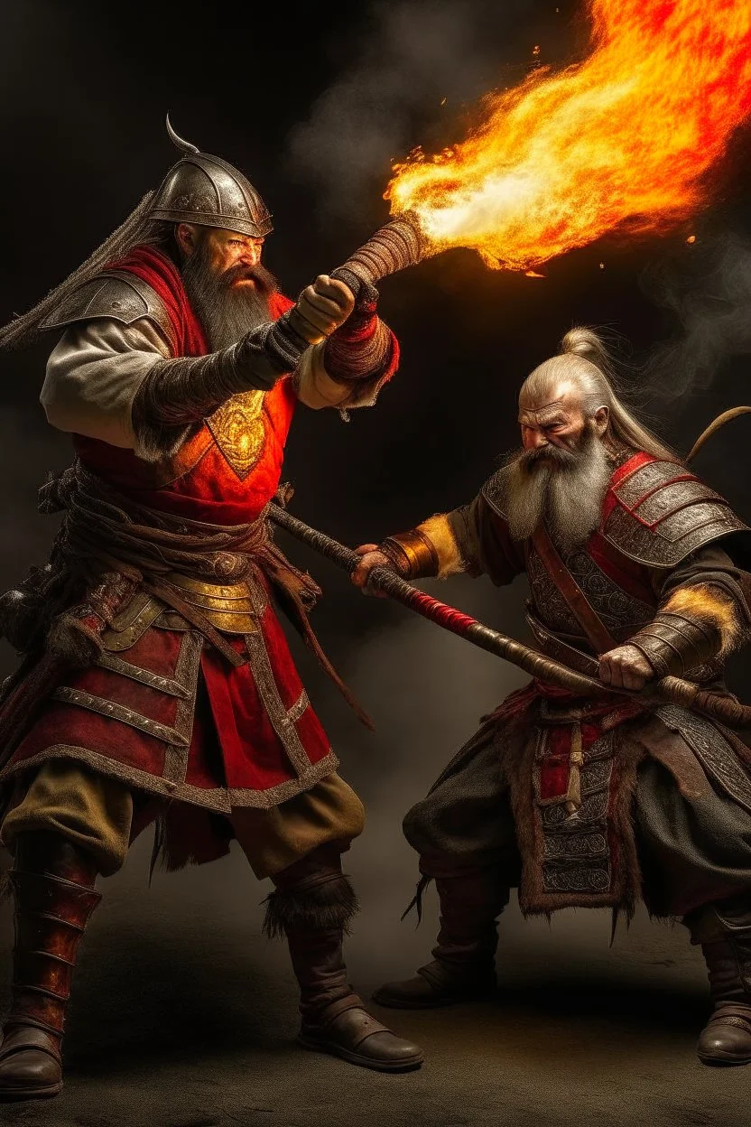 a viking figthing a samurai. both wield a flamethrower more realitic