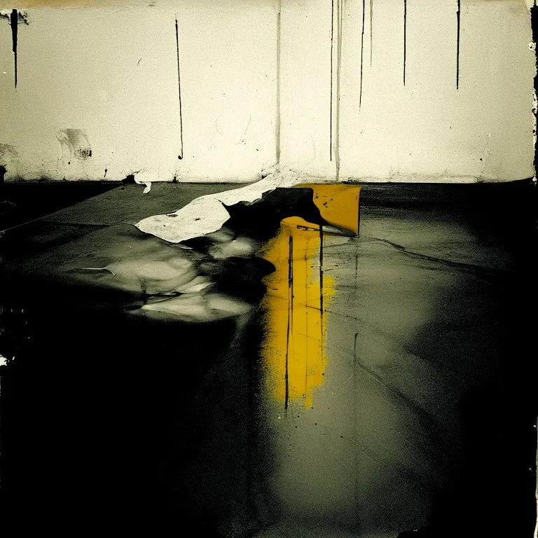 Minimal abstract oil painting in a desolate 1960s carpark concrete fragments and road markings. Broken pipes. Blurry outlines. In the style of Justin Mortimer and Francis Bacon. Muted yellows.