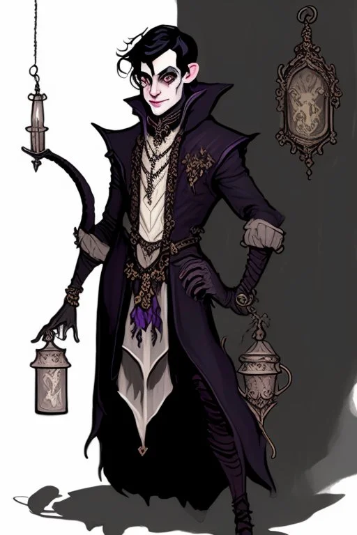 Young tiefling nobleman alchemist with black hair horns and large reptilian tail gothic jewelry and potion bottles in the style of Charles Addams