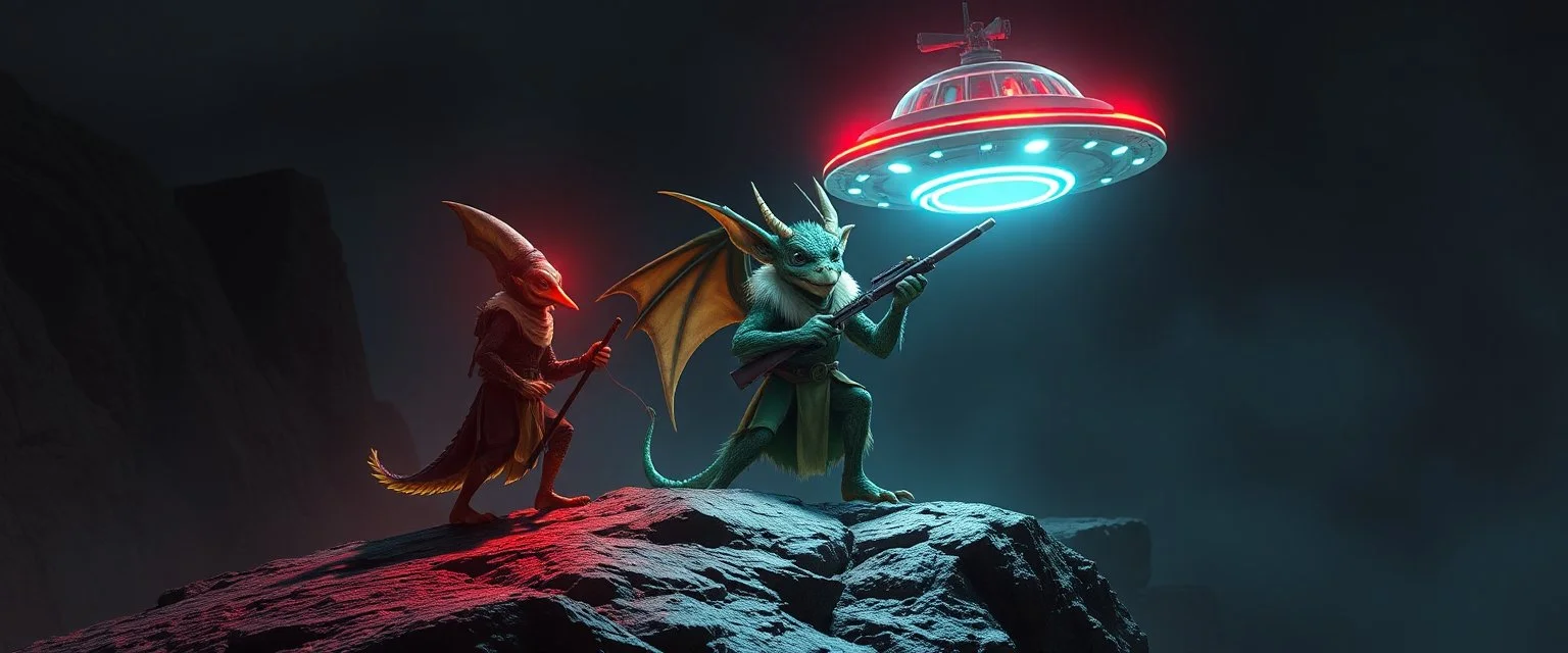 volume fog light, hyper real close up on rock ant cricket duck dragon priest gremlin man general with hi tech transcendent weapon arsenal from hell, guarding bridge up to space saucer neon plastic transparent