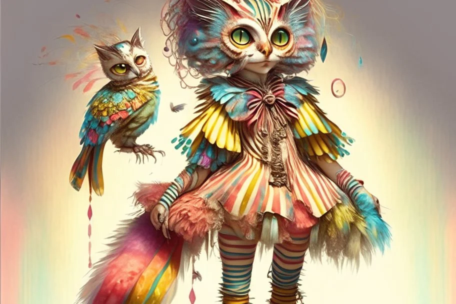 candyshop, Jean-Baptiste Monge style. Full body of a humanoid biomorph kitten-owl faced woman. Vibrant, colorful. A furry striped dress, covered with owl feathers, in sunshine