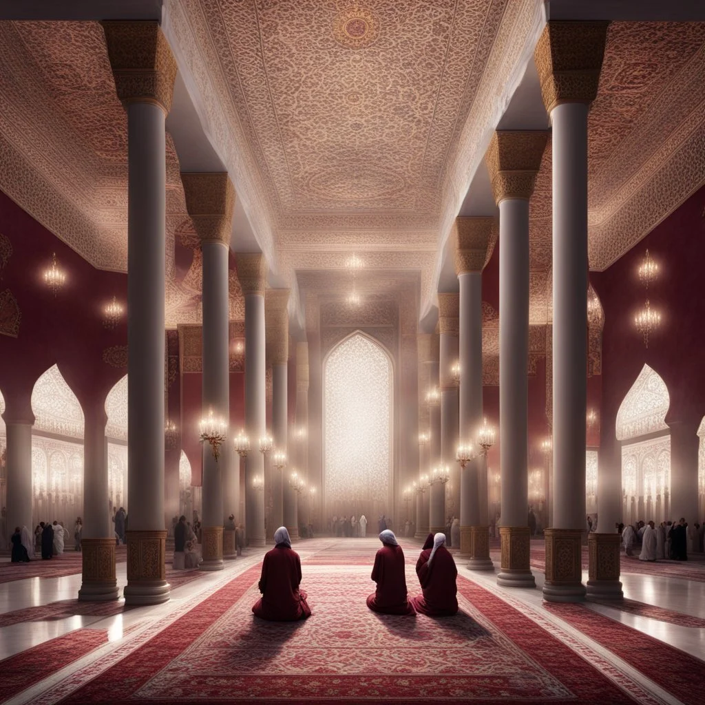 Hyper Realistic lots of Muslims praying-in-symmetrical-order inside a huge Mosque-hall-with-white-&-maroon-walls-&-fancy-pillars decorated with traditional-lamps & beautiful carpets at night showing dramatic-&-cinematic-ambiance