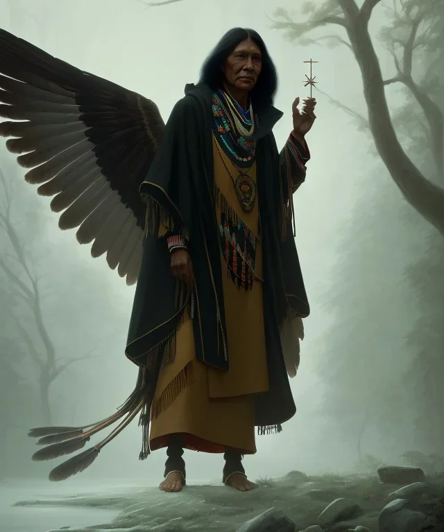 native american shaman, wise man, long black hair, black hooded coat like wings, 8k resolution concept art portrait by Greg Rutkowski