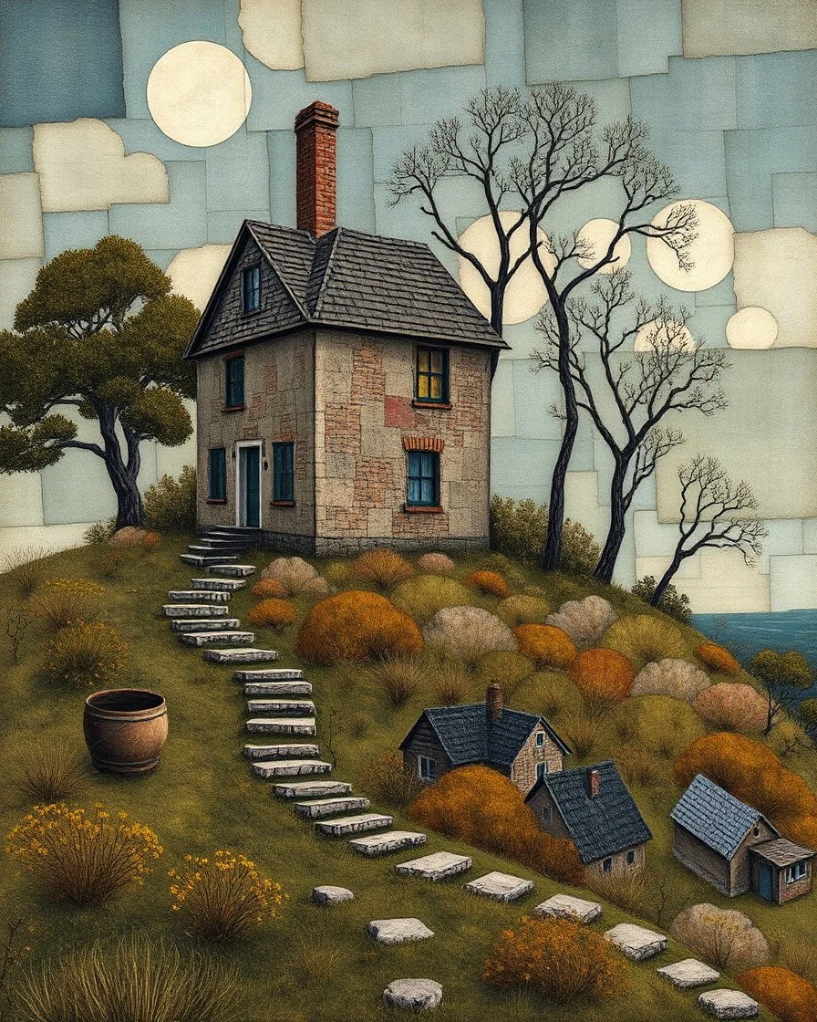 A house on the Hill. Life and times, patchwork art by Jamie Heiden, Peter Doig, Renoir, Pol Ledent, Endre Penovac Modifiers: portrait acrylic art surreal Arthur Rackham Optical illusion Debehsque
