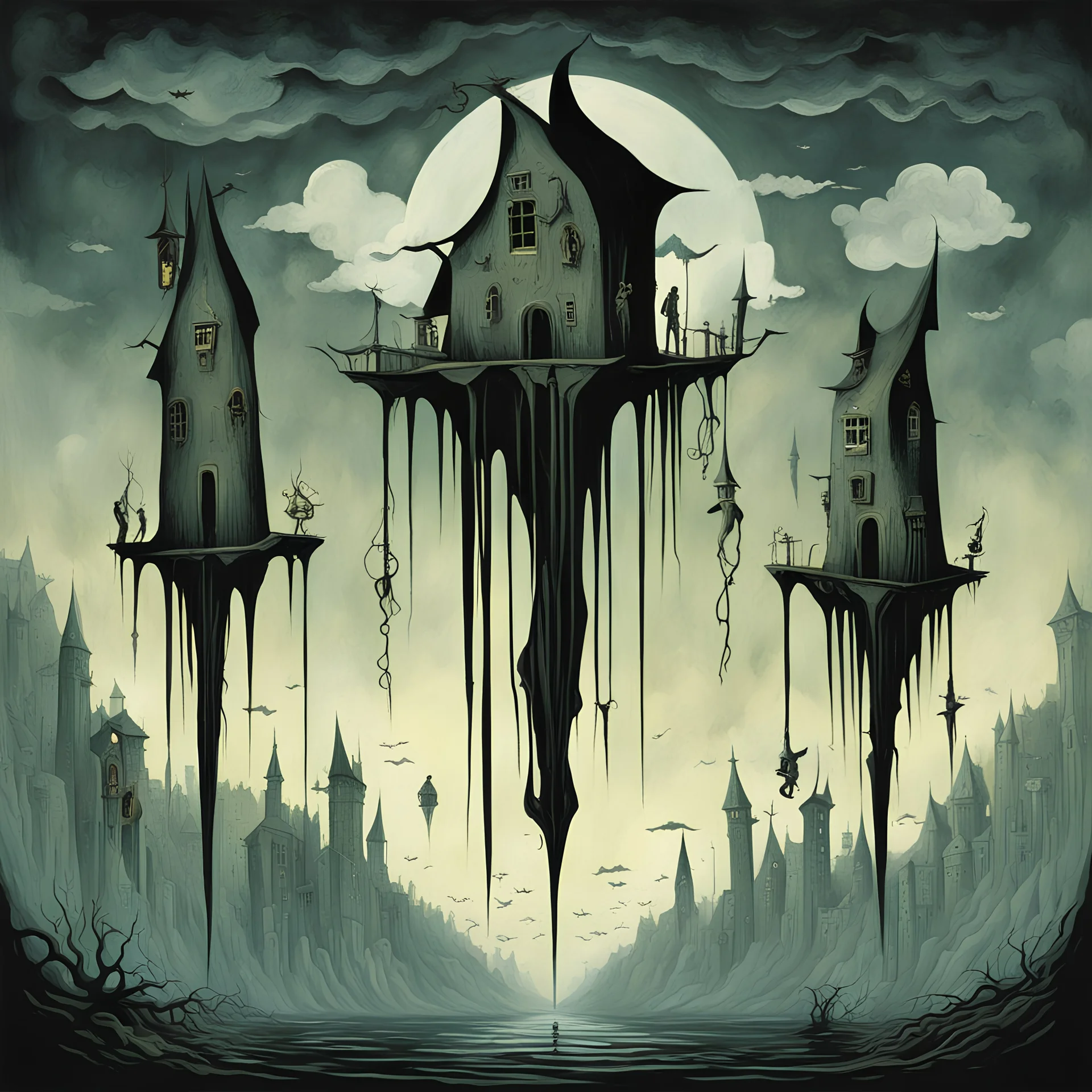 UPSIDE-DOWN world, upside-down picture, Gris Grimly and Magritte deliver a dark surreal masterpiece, muted colors, sinister, creepy, sharp focus, dark shines, upside-down, reversed vertical composition,