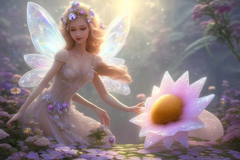 one big crystal subtle flower in a galactic ambiance, transparent petals, delicate colors, in the foreground, with a very little beautiful fairy, full of details, smooth, bright sunshine，soft light atmosphere, light effect，vaporwave colorful, concept art, smooth, extremely sharp detail, finely tuned detail, ultra high definition, 8 k, unreal engine 5, ultra sharp focus