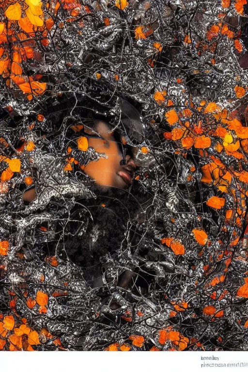 abstract creation of a beautiful woman with black curly hair, surrounded by black roses, thick metal chain broken, glass petals on the ground, autumn colours,dried out thorn bush, chaos,