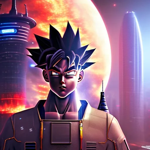 Son-goku in a cyberpunk setting with skyscrapers and spaceships in background, close-up face, extreme details, realistic, unreal engine, 4k