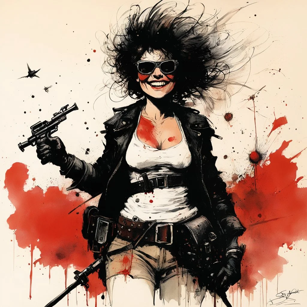 art by Ralph Steadman] she smiles, ready to fight, in dust, rust and blood, her body is covered with cartridge belts