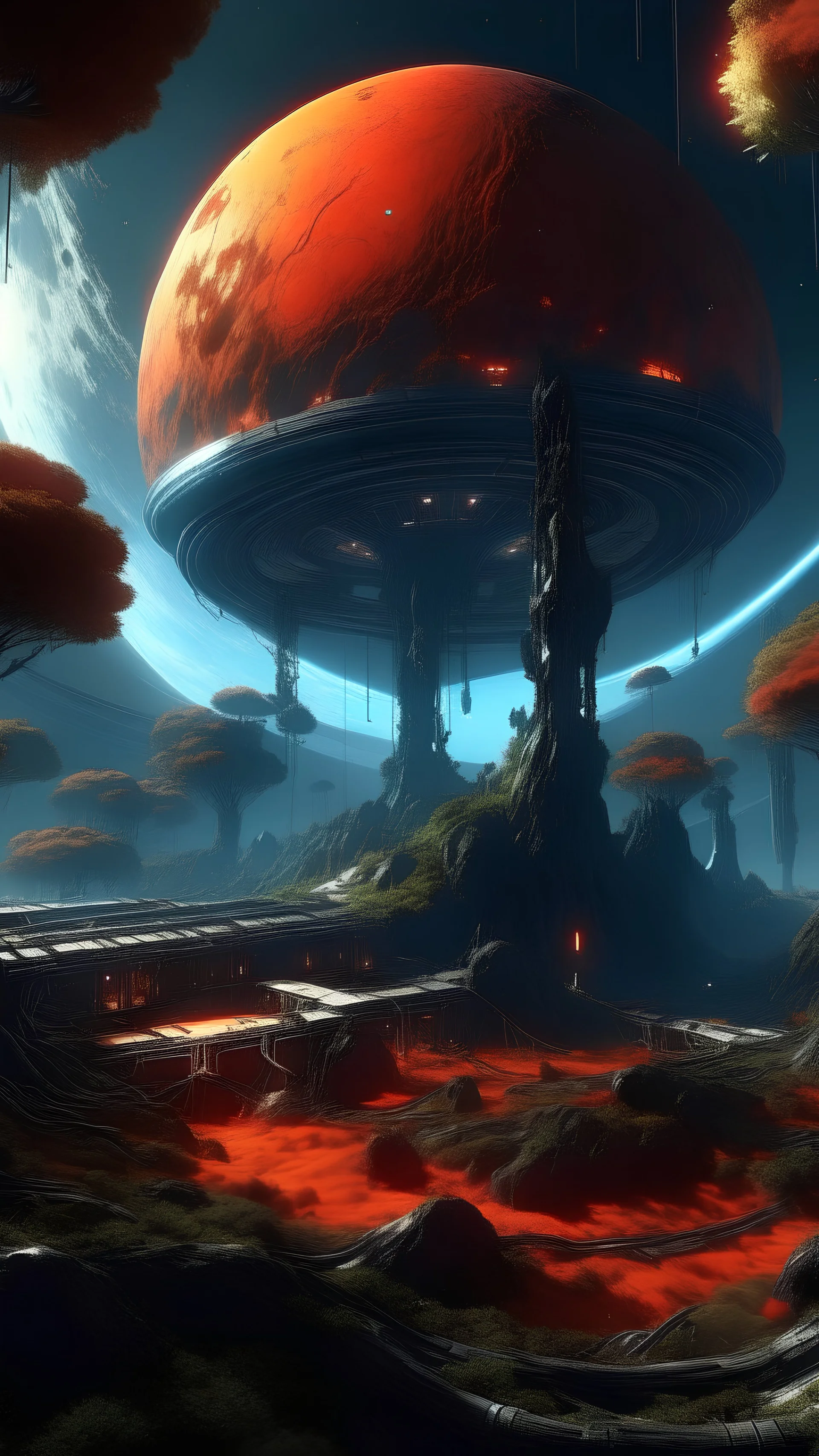 sci fi planet, space station magma, trees