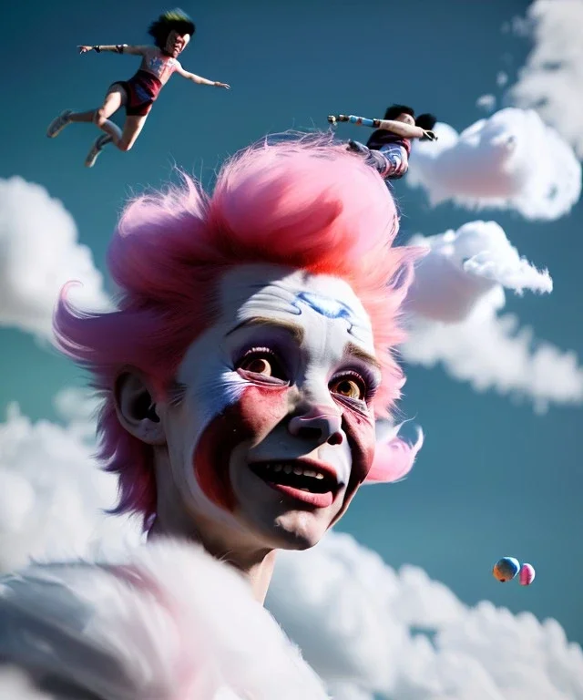 Ultra realistic speed clouds sky scene, wide angle view, strong men falling down with many Childs, circus clothing style, feather color clothing, free jumping flying, many trinkets, hair monster, many jelly beans, balls, color smoke, smile, happy, extreme, wind, clouds sea, 20,000 feet altitude, stratosphere, soft color, highly detailed, unreal engine 5, ray tracing, RTX, lumen lighting, ultra detail, volumetric lighting, 3d, finely drawn, high definition, high resolution.