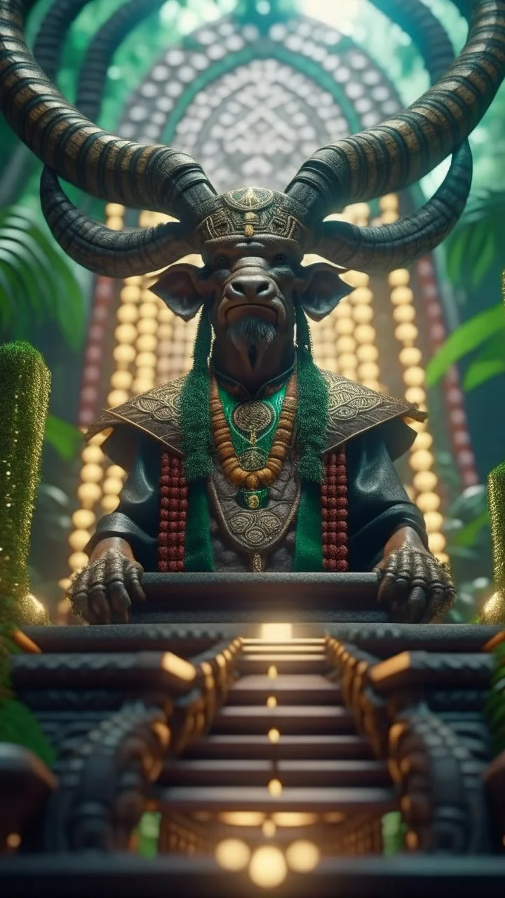 close up portrait of a happy blessed ancient magical king buffalo soldier standing on a throne in a space alien mega structure with stairs and bridges woven into a sacred geometry knitted tapestry in the middle of lush magic jungle forest, bokeh like f/0.8, tilt-shift lens 8k, high detail, smooth render, down-light, unreal engine, prize winning