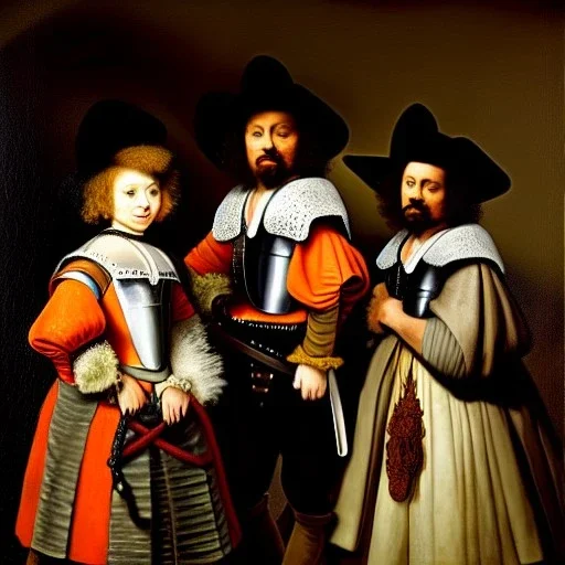 oil portrait of three cats dress like The Three Musketeers with armor by Rembrandt 8k