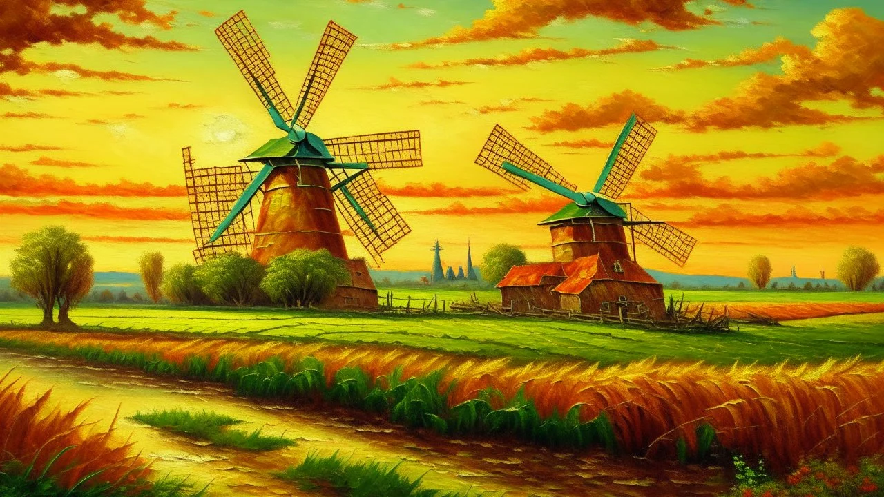 Realistic landscape painting of Dutch countryside, with traditional windmills, golden hour lighting, by Vincent Van Gogh and Claude Monet, vibrant colors and intricate details