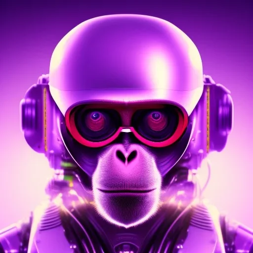 A beautiful portrait of a cyborg monkey purple neon color scheme, high key lighting, volumetric light high details psychedelic background