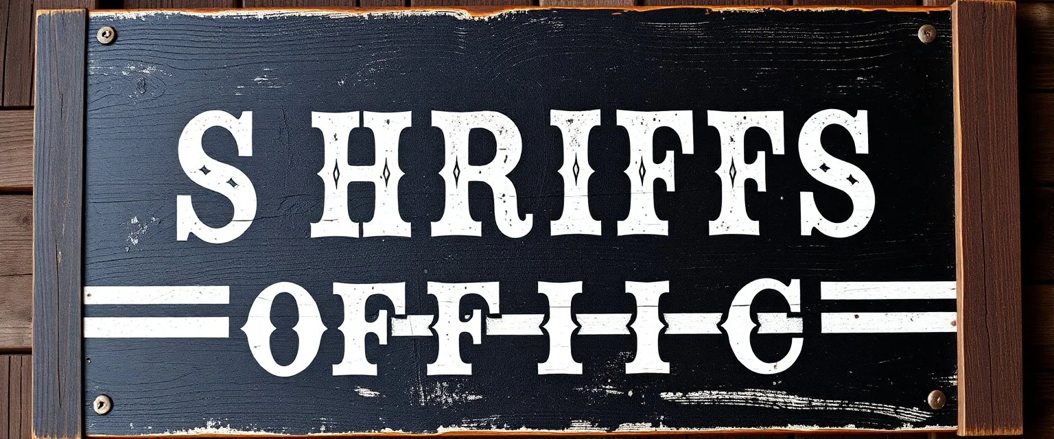 fill composition with large and wide historical hand painted old western sign that reads: "SHRIFFS OFFICE" white on black with inset white stripe boarder aged paint on wood sanserif