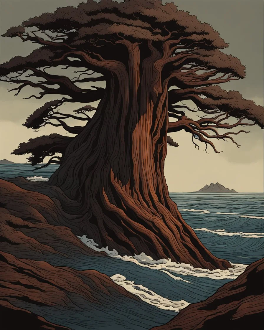 a great redwood tree trunk takes up the majority of the screen. It is surrounded by ocean, which pours into the center of the charred wooden flesh. There are no mountains or other trees surrounding it, and there are no leaves