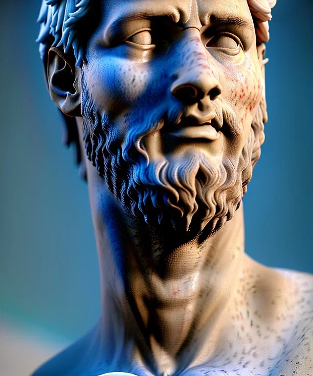 Realistic image, roman sculpture, marble material, Lionel Messi model, miguel angel style, God light, god rays, 4k resolution, intricate details, ornate details, soft lighting, unreal engine 5, soft cyan background.