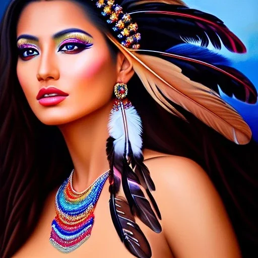 Ultra detailed fullbody Portrait in oil on canvas of beautiful busty female Apache with feathers,extremely detailed digital painting,ultrarealistic skin,intense stare, extremely detailed face, crystal clear eyes, mystical colors ,perfectly centered image, perfect composition, rim light, beautiful lighting,masterpiece ,8k, stunning scene, raytracing, anatomically correct, in the style of Simon Bisley and uncannyknack and Ohrai Noriyoshi and robert e howard and Steve Jung.