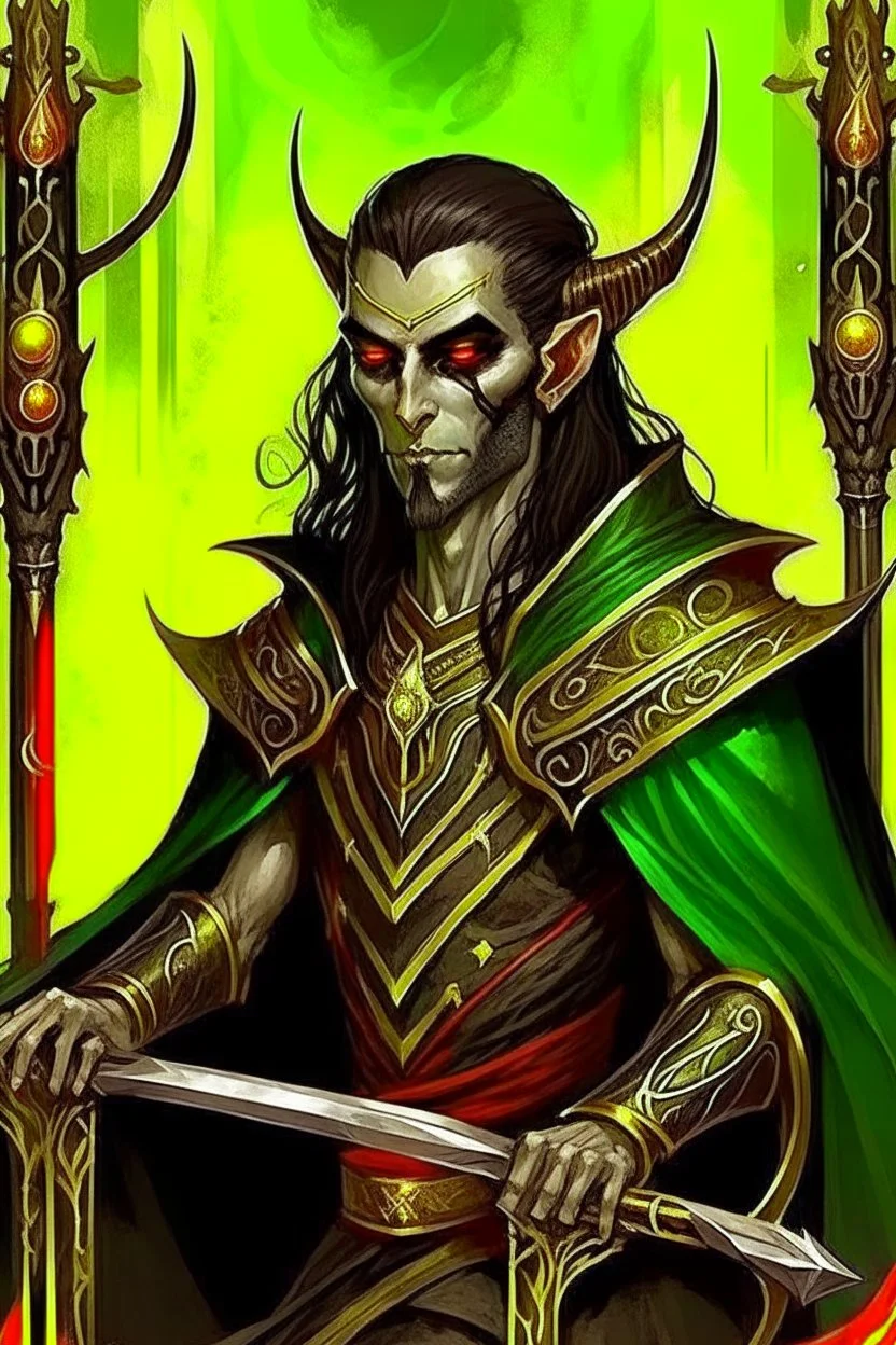 full length, mantle, black cloth, dark green eyes, sits on the throne, holding a long spear with his left hand, right hand lies on the armrest