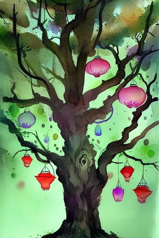 tree in a magical forest, aquarell, lanterns hanging on the tree