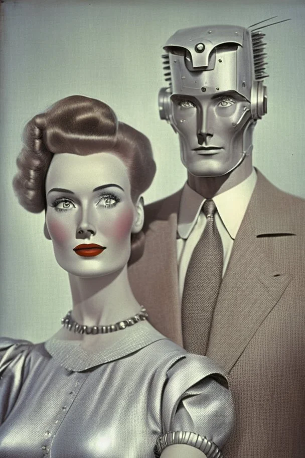 american dream portrait hansome man and a robot wife1950s
