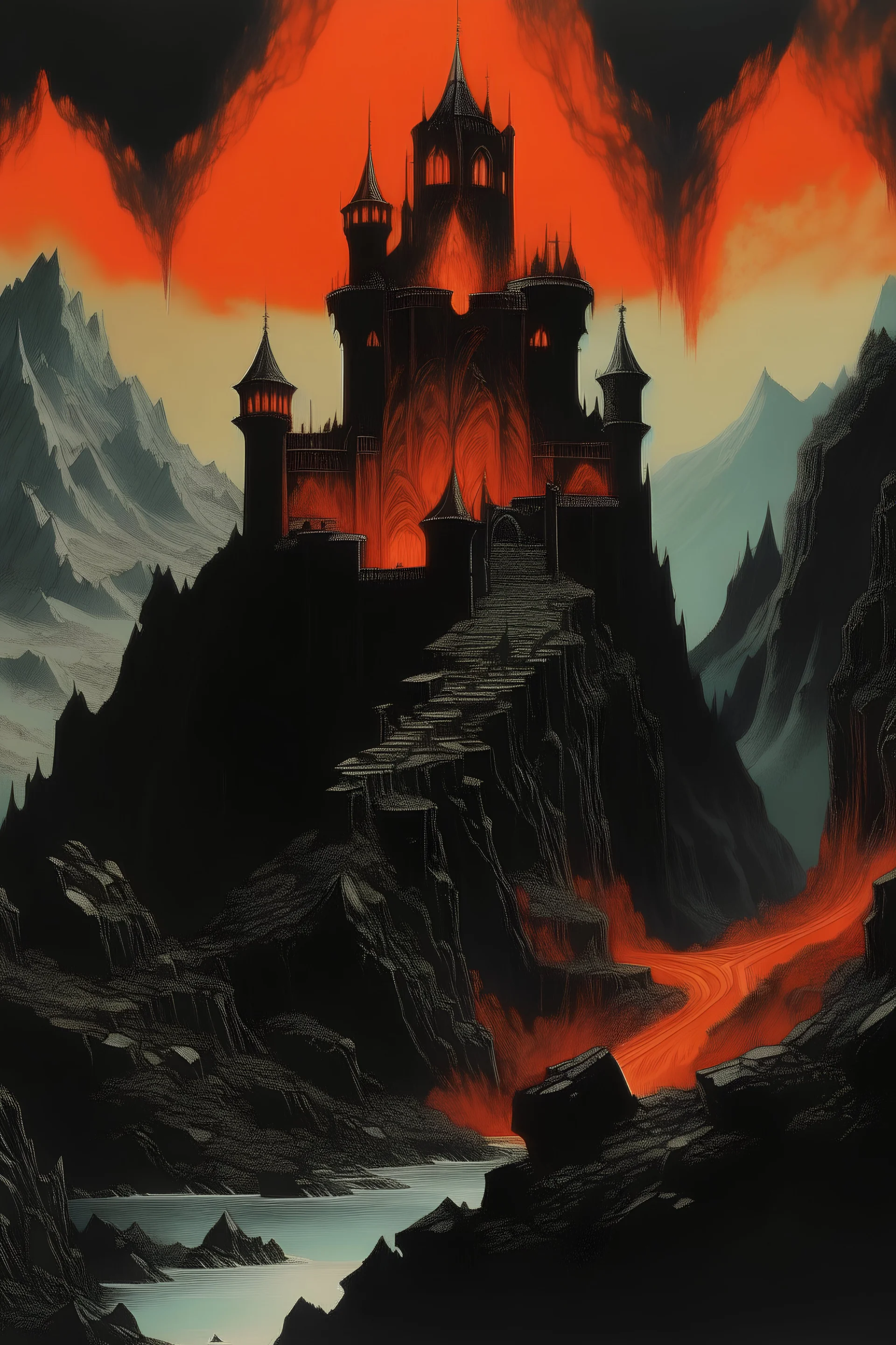 70s dark fantasy art of a medieval castle with a moat of lava on a mountain