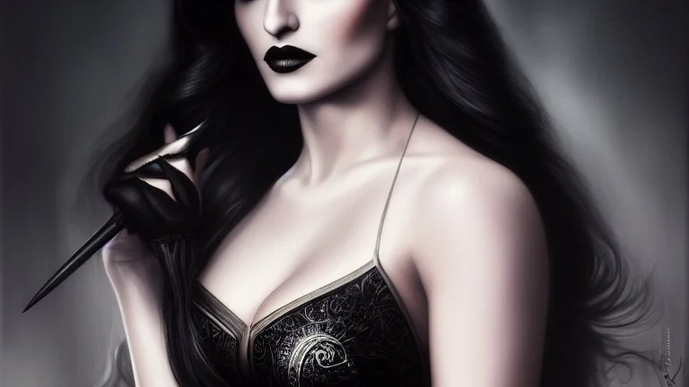 Stunningly gorgeous femme fatale as mortiça addams, full body portrait, perfect face, beautiful eyes, black dress, ring light, Black lipstick, hyper realist, hyper detailed, intricated, realistic shading, unreal engine, octane, final fantasy, karol bak, greg rutkowski, rossdraws, artgerm, wlop, vallejo