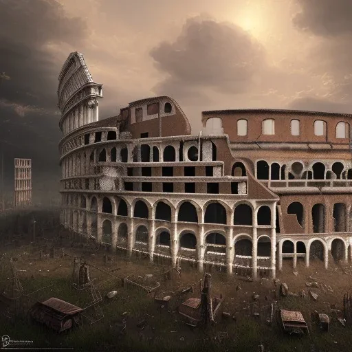 Intricately detailed view of a post-apocalyptic dexaying Roman Colloseum, matte painting, digital art, dark fantasy style, hyperdetailed, complementary colors