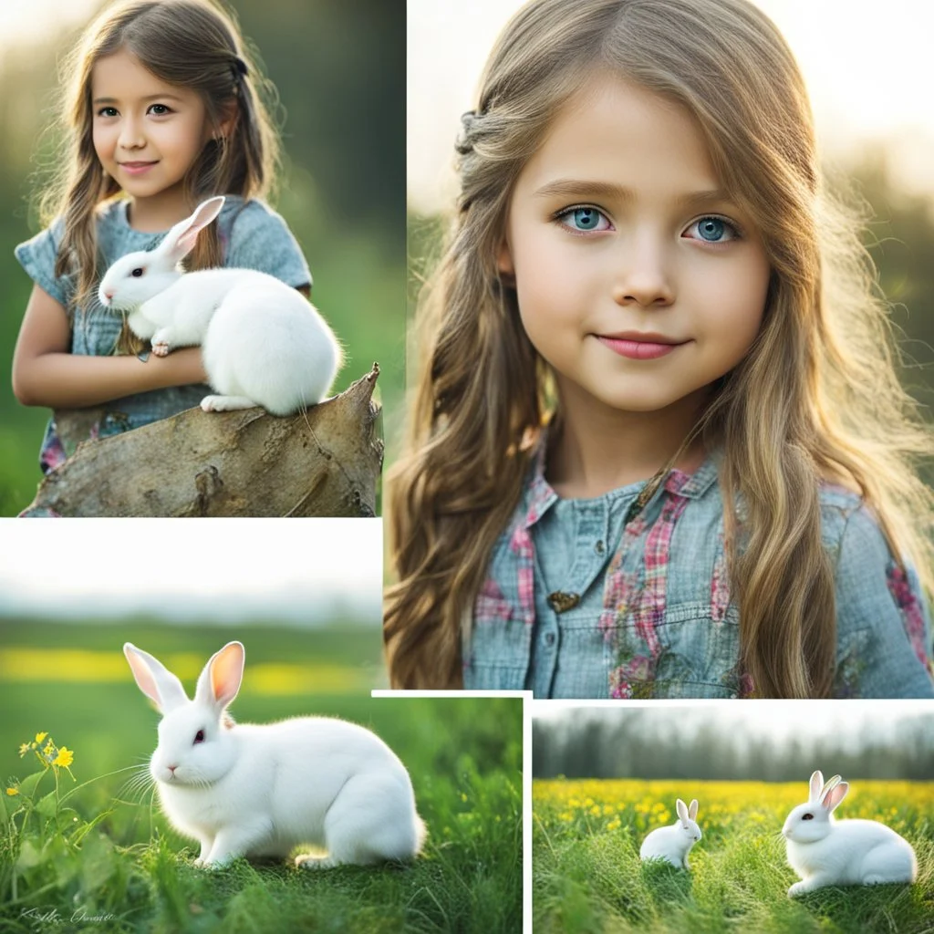 very beautiful realistic10 years old girl with a Rabbit